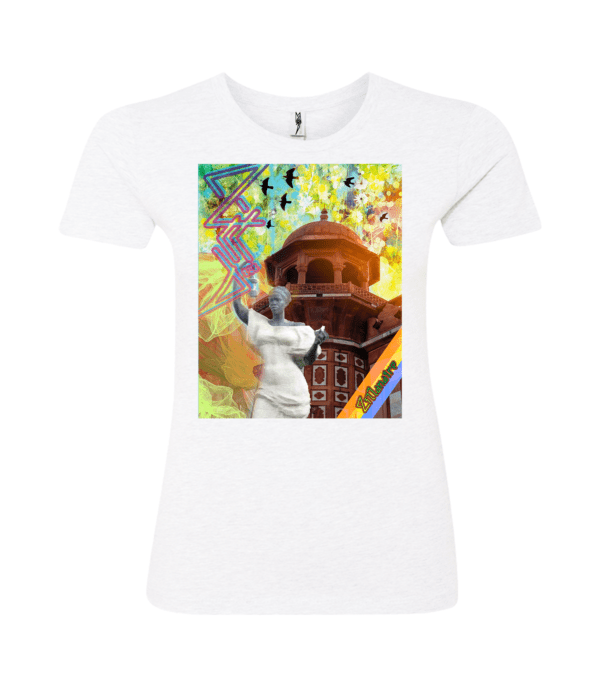 woman Infront of monument sign Ladies T Shirt white