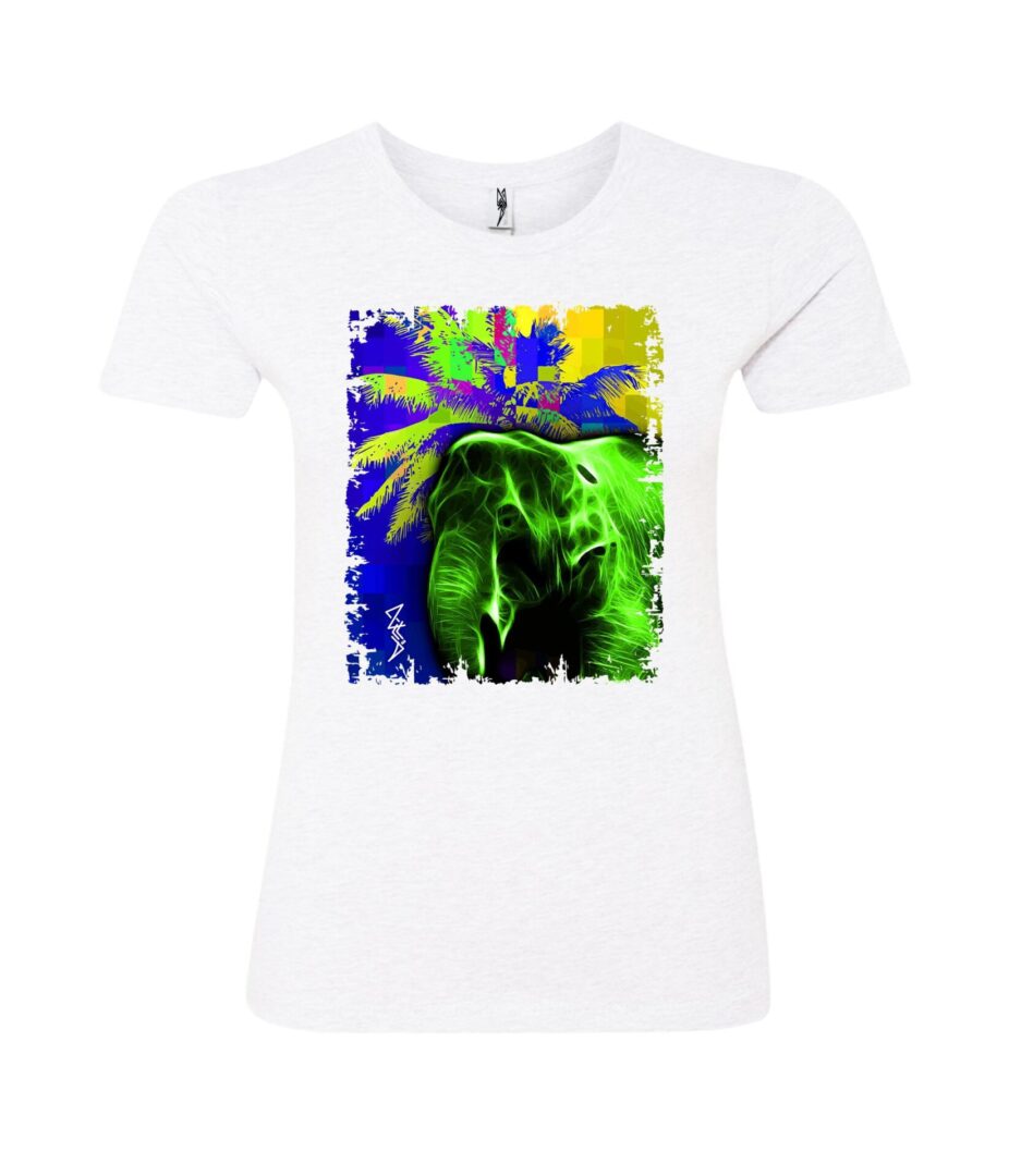 Green elephant with coconut tree sign Ladies T Shirt white