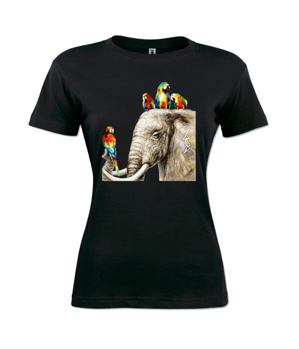 Elephant with four birds sign Ladies T Shirt black