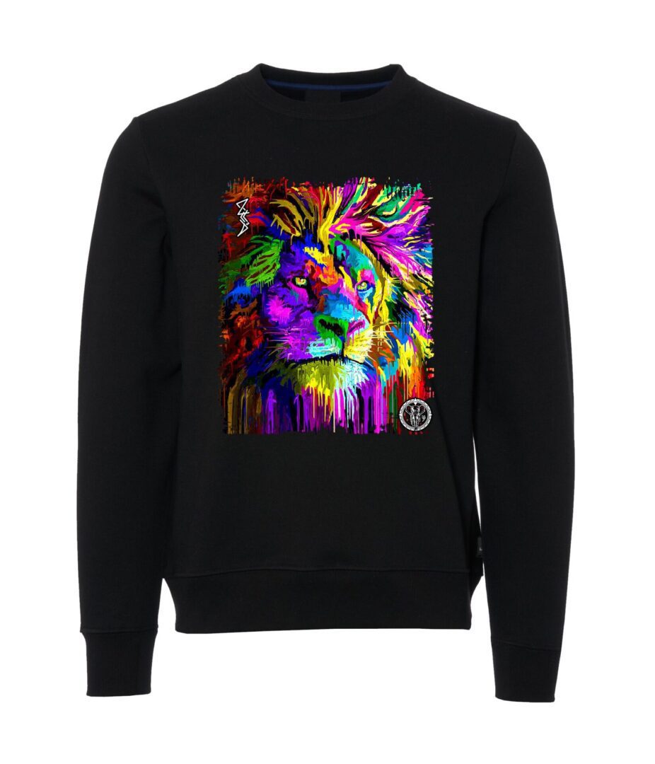 Colorful lion face Male Sweater black