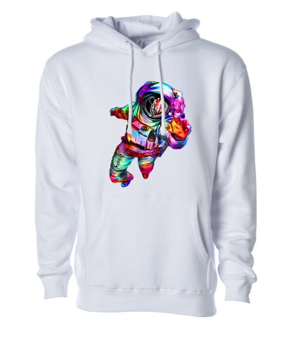 A Astronaut Figure in Multi Color Print on a White Hoodie