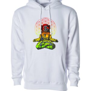 An Astronaut Figure in Meditation Print on a White Hoodie
