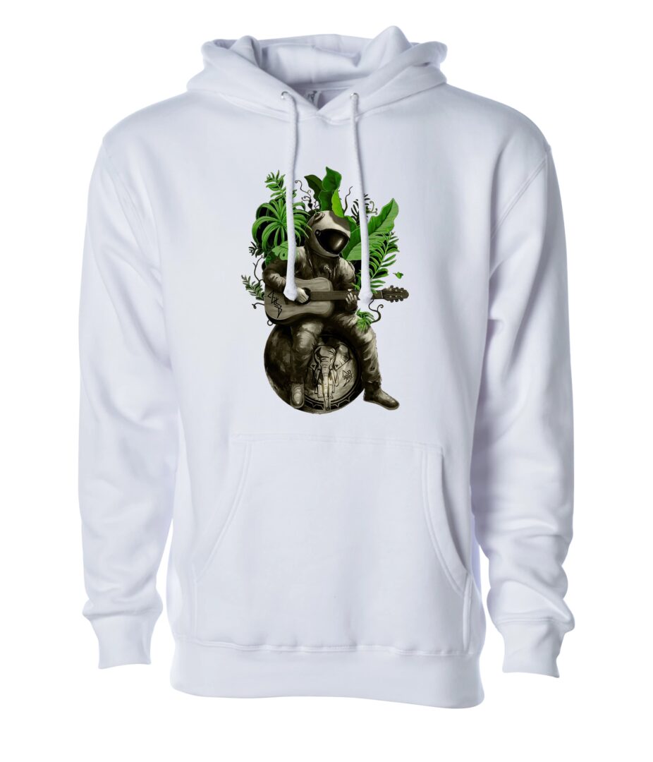 An Astronaut Playing Guitar Print on a White Hoodie