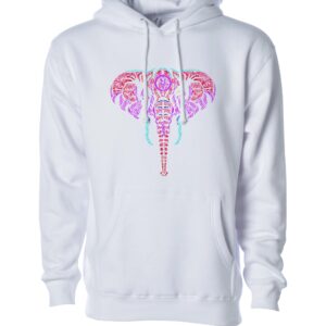 A Pink and Red Color Elephant Figure on a White Hoodie