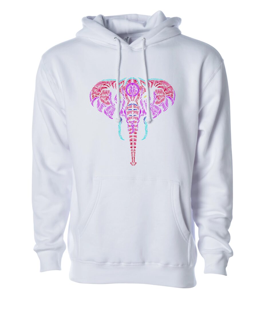 A Pink and Red Color Elephant Figure on a White Hoodie