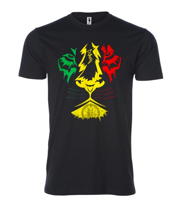 A Yellow, Red and Green Color Print on a Black Shirt