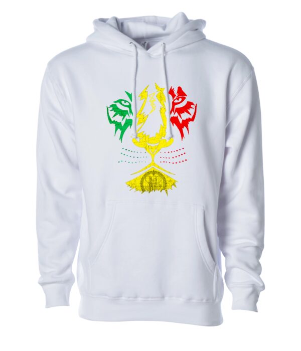 A Yellow, Geen and Red Color Print on a White Hoodie